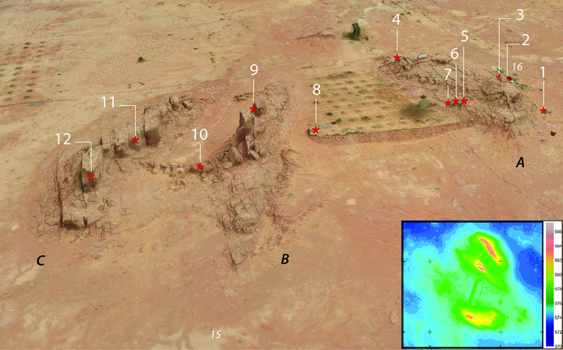 An aerial view of the Camel Site, and the locations of each sculpture. (Image: G. Charloux et al., 2018)